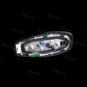 Electrical panel with various connectors and switches on a black background